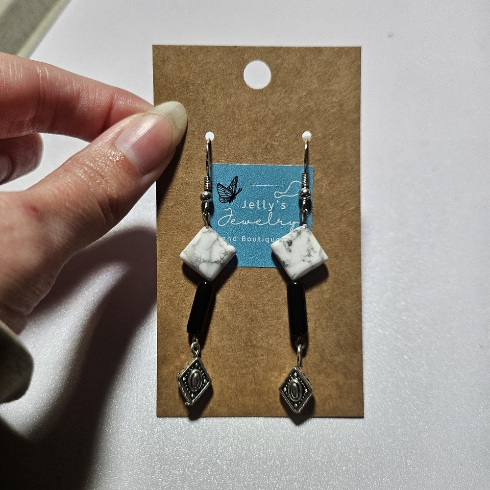 Jelly's Jewelry and Boutique Handcrafted Marble(Howlite)& Black Dangle Earrings